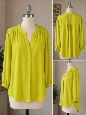 Sheer Split-Neck Blouse 3/4 Length Sleeves in Yellow Green
